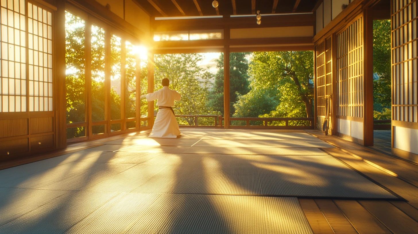 A home Aikido practice space set up with a mat for solo training
