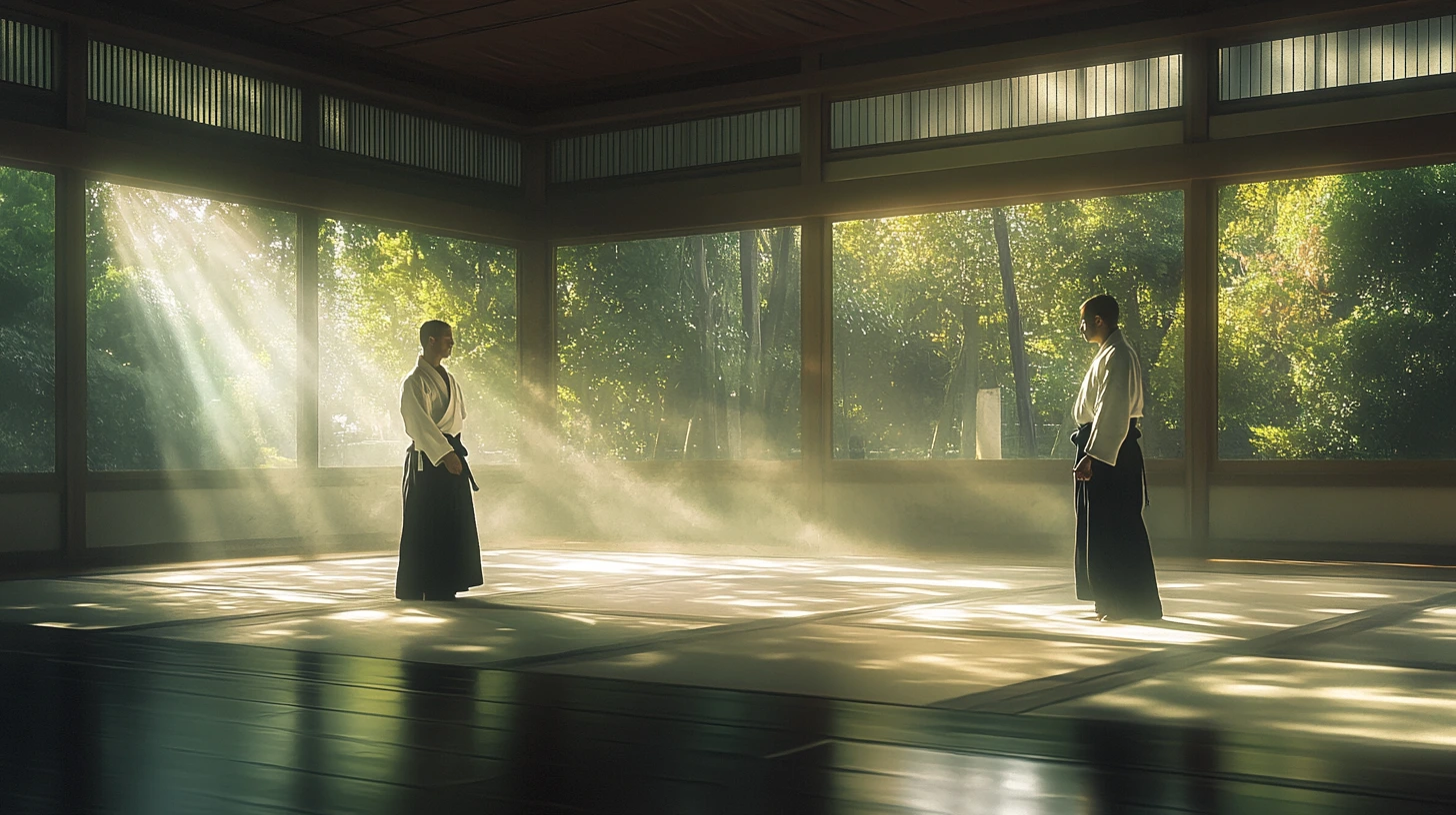 A serene dojo with practitioners of Aikido performing blending techniques under soft, ambient lighting, reflecting calmness and focus