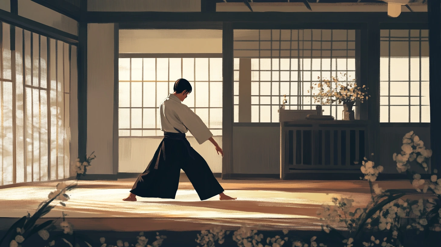Illustration of a person practicing Aikido moves in a traditional dojo setting
