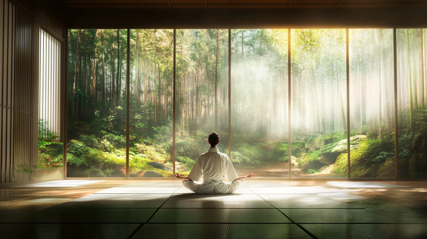 A practitioner moving between a yoga pose and an Aikido stance in a calm training space